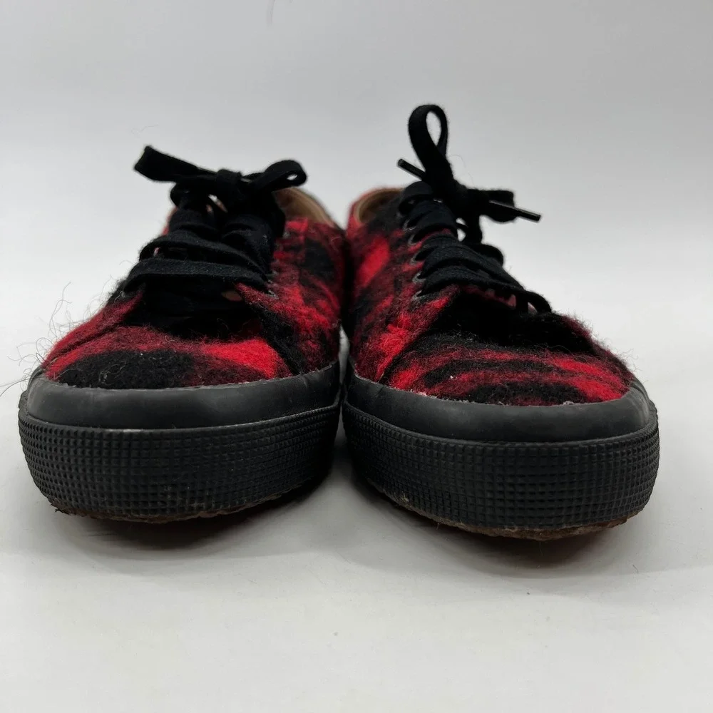 Superga Sneakers Womens 8 Red Buffalo Plaid Boiled Wool Plaid Fuzzy Shoes